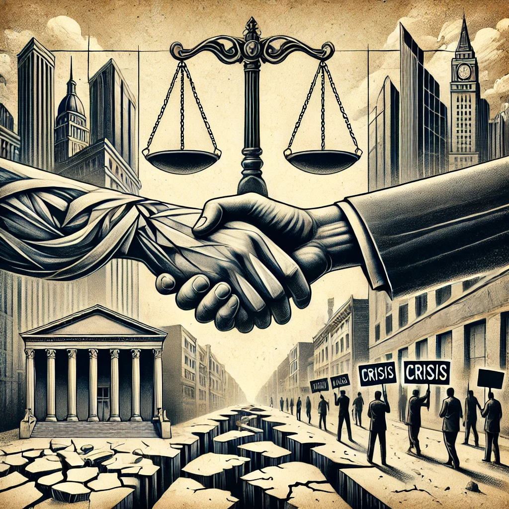 Es zeigt symbolisch die Balance zwischen gesellschaftlichem Zusammenhalt und den Herausforderungen öffentlicher Ordnung.